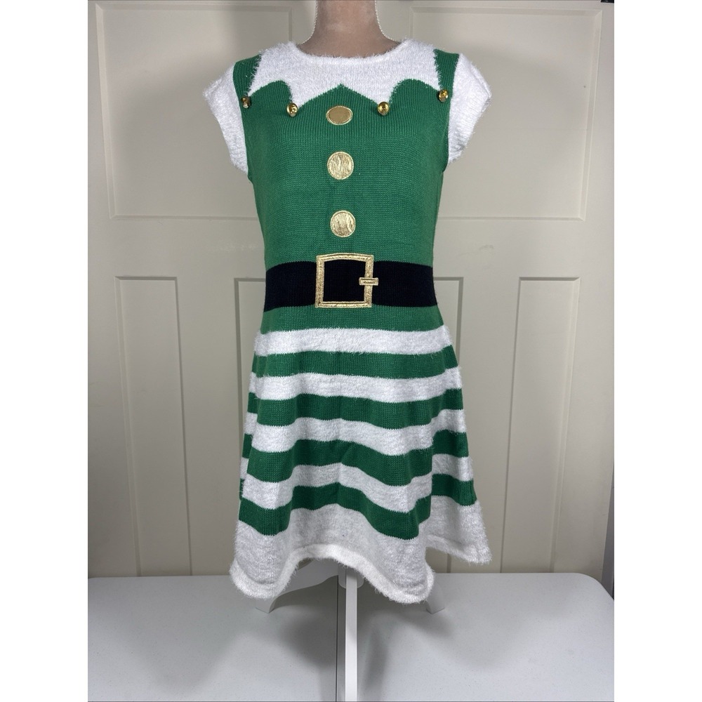 Holiday Time Christmas Elf Sweater Dress M Bells Green White Costume